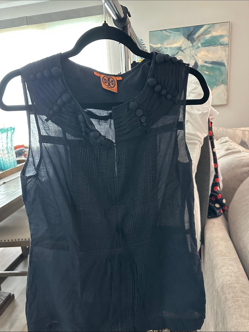 Tory Burch Navy Sleeveless Button-Accent Blouse